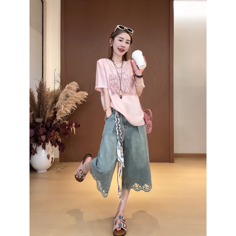Nine Nine Nine | 【Tidal Sound】Summer Printed Ribbon Belt Hollow-Out Leg Denim Shorts D3493