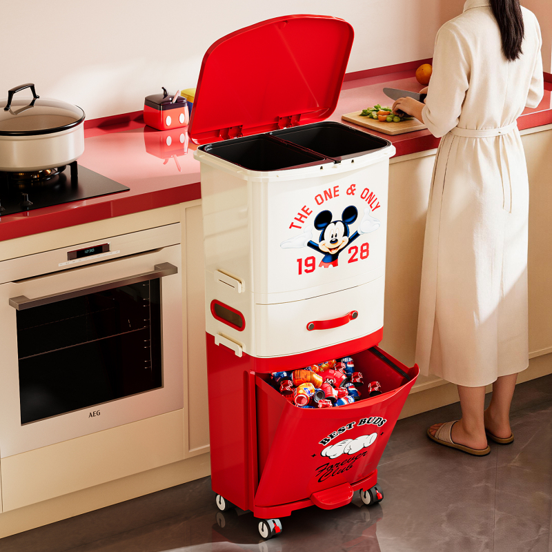 High-End Large-Capacity Trash Can for Kitchen, No Bending Required, with Wheels, for Cleaning and Storage, Stylish Mickey Mouse Food Waste Bin High-End Large-Capacity Trash Can for Kitchen, No Bending Required, with Wheels, for Cleaning and Storage, Stylish Mickey Mouse Food Waste Bin