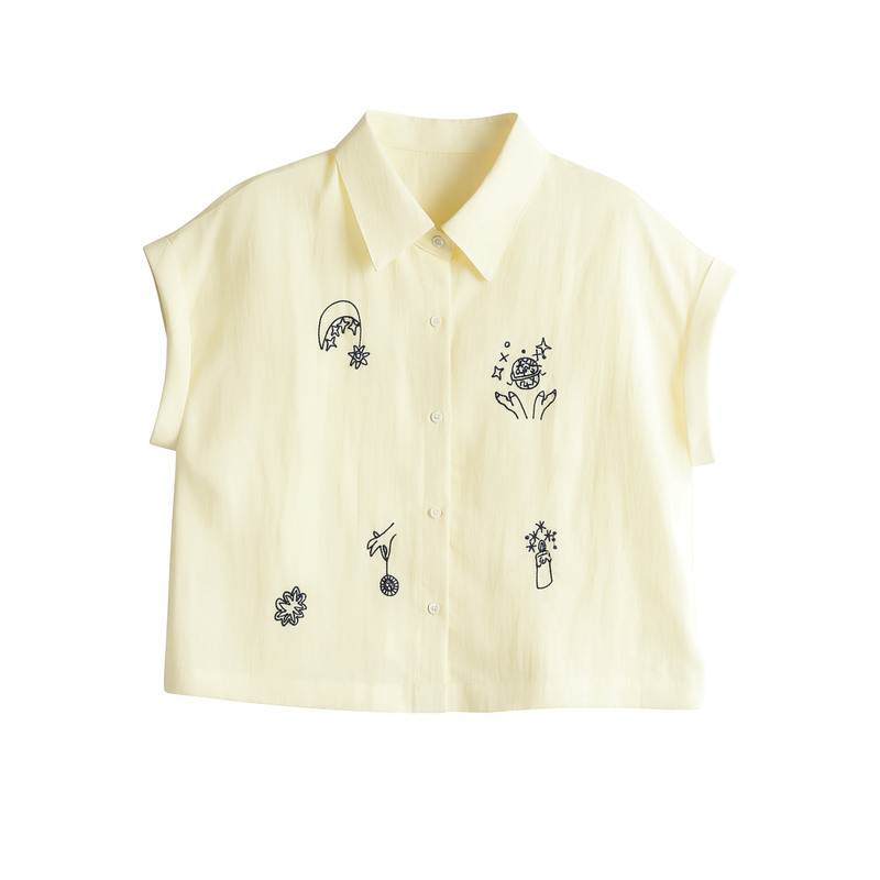 Turn-Down Collar, Cap Sleeves, Fun Hand-Painted Embroidery, Drawstring Waist, Tencel Linen Short-Sleeve Shirt Xs8051