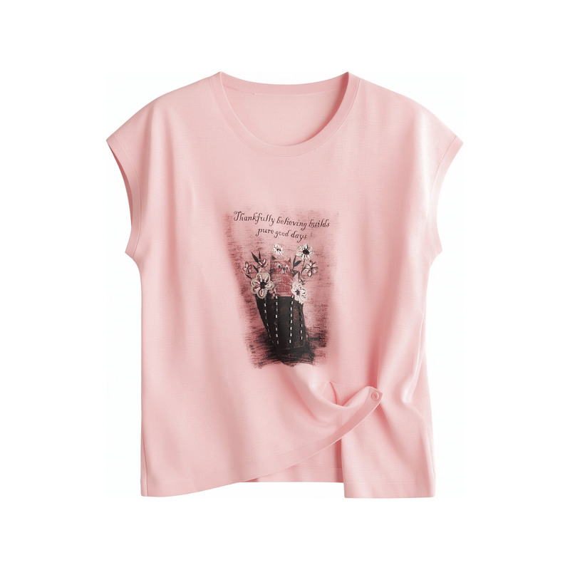 Round Neck, Small Flying Sleeves, Retro Floral Print, Lightweight and Breathable Casual T-Shirt Xs8072