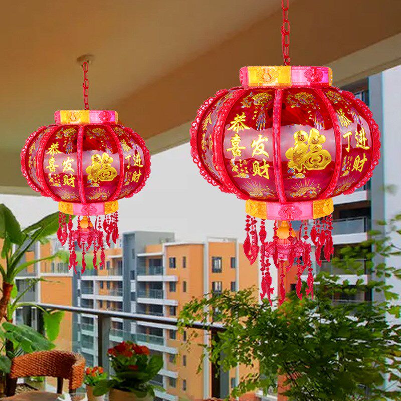 婚庆新年装饰用品古典大红喜字七彩灯笼仿古旋转福字宫灯