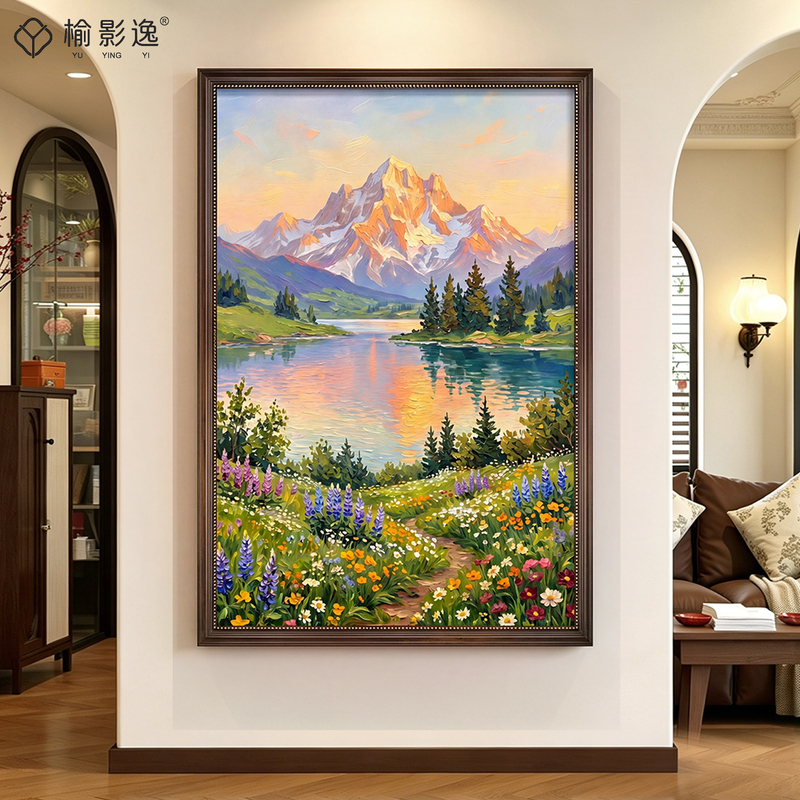 Treasure Bowl Entrance Decorative Painting, Antique-Style Entrance Wall Hanging Painting, Golden Mountain Scenery Oil Painting, American Retro Mural Treasure Bowl Entrance Decorative Painting, Antique-Style Entrance Wall Hanging Painting, Golden Mountain Scenery Oil Painting, American Retro Mural
