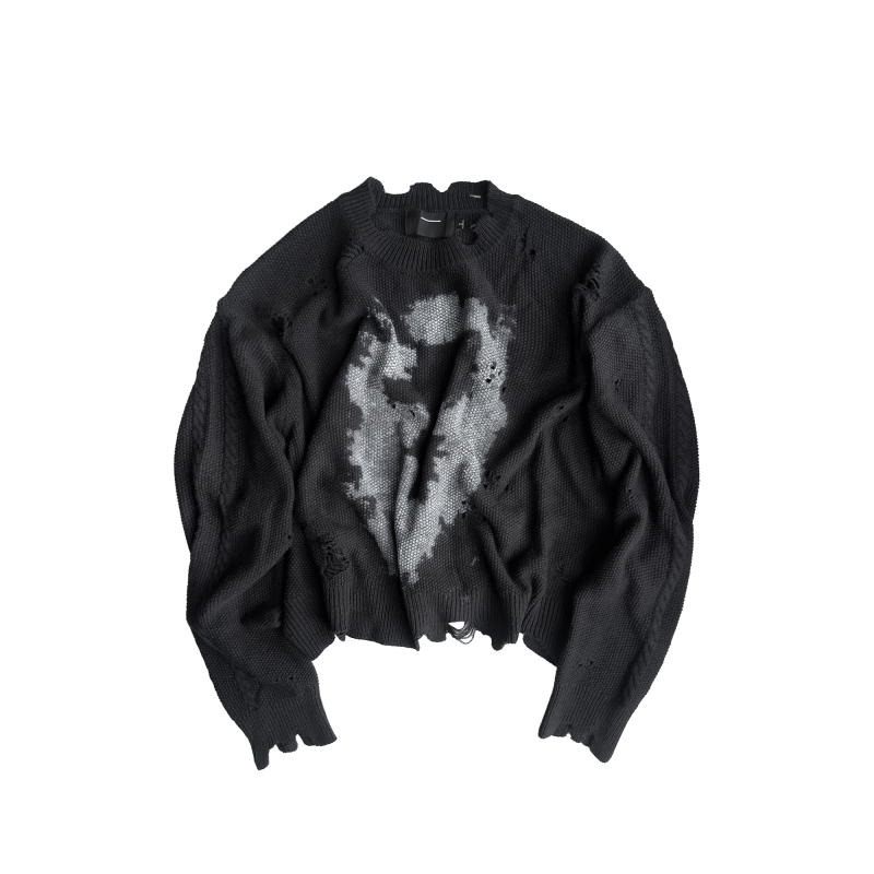 Cindervein Speckled Cross-Pattern Hollow-Out Distressed Hem Fringed Chunky Knit Crew Neck Short Wide Sweater