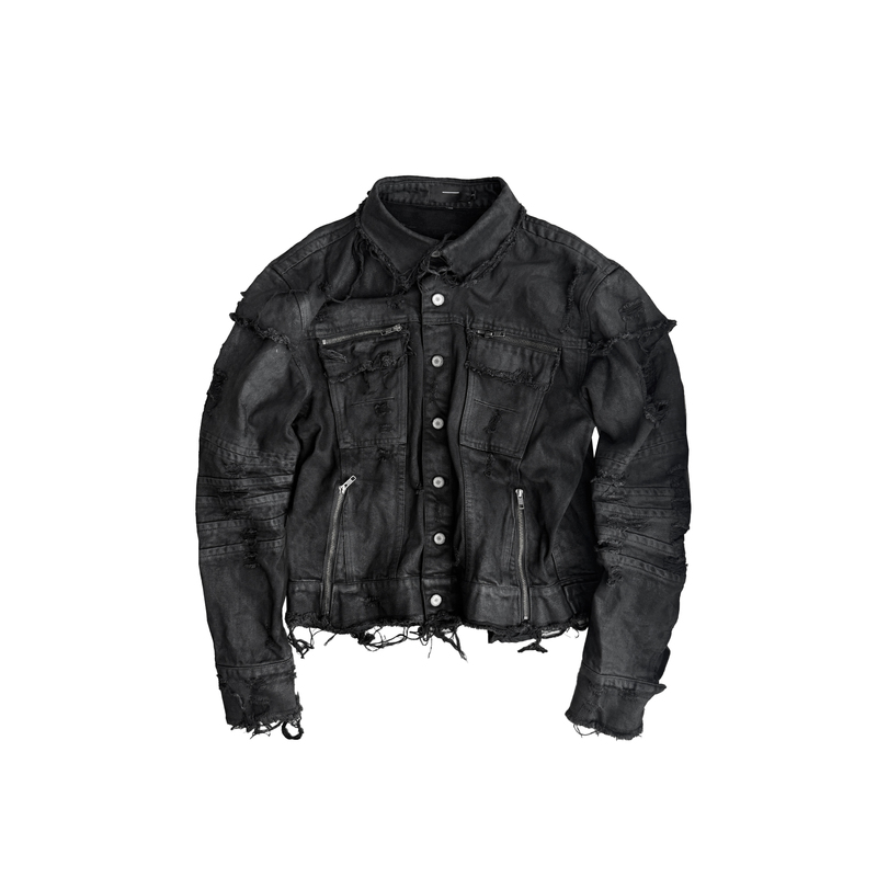 Cindervein Distressed Waxed Denim Jacket with Hand-Rubbed Frays and Washed Details Cindervein Distressed Waxed Denim Jacket with Hand-Rubbed Frays and Washed Details