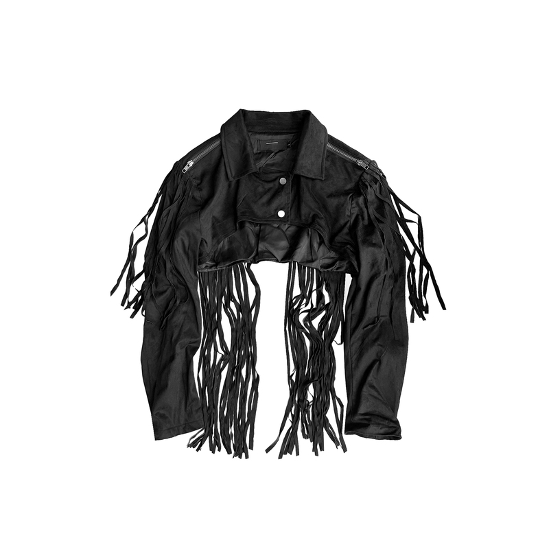 Cindervein -Sss Black Flowing Zipper Fringe Jacket with Turn-Down Collar, Suede Draped Buttons, Short Coat Cindervein -Sss Black Flowing Zipper Fringe Jacket with Turn-Down Collar, Suede Draped Buttons, Short Coat