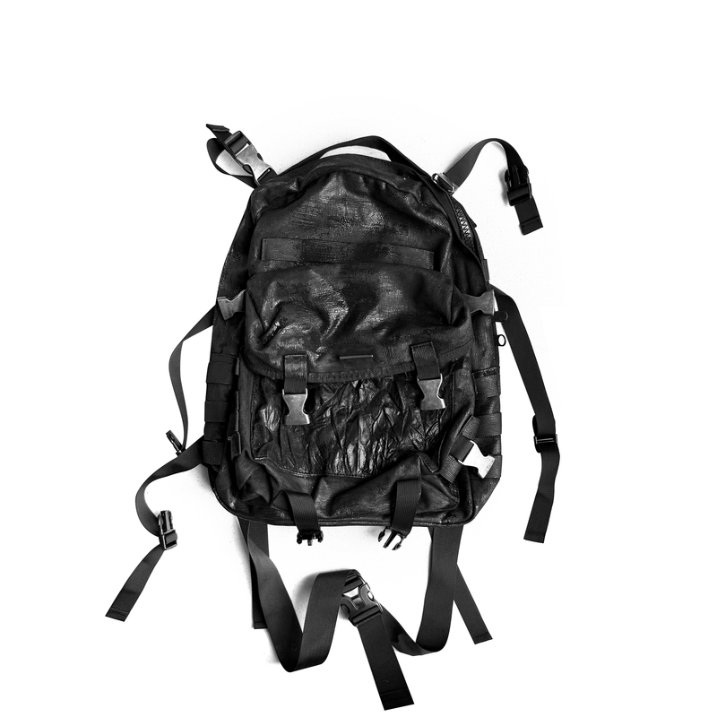 Cinder Vein Cracked-Coated Nylon Webbing Backpack with Patent Leather Antique Silver Buckle and Leather Tag, Functional Double-Shoulder Backpack