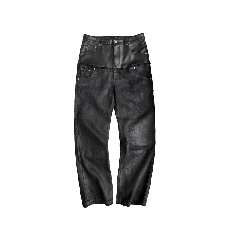Cinder Vein Double-Waist Pu Patchwork Distressed Vintage Trendy Versatile Jeans