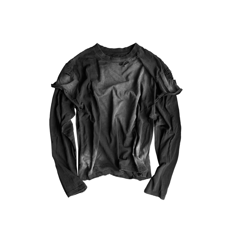 Cindervein Faux Two-Piece Washed Black Pure Cotton Long-Sleeve T-Shirt with Salt-Sprayed Distressed Finish and Ripped Details