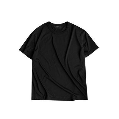 a basic black short-sleeved T-shirt with embroidered cuffs, round neck, straight shoulder and slim fit