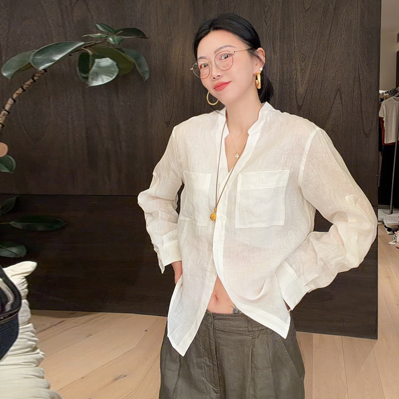 Luna "Glamorous Goddess" Vacation-Style Linen Heavy-Duty Fully Invisible Hand-Stitched Stand-Up Collar Work Shirt
