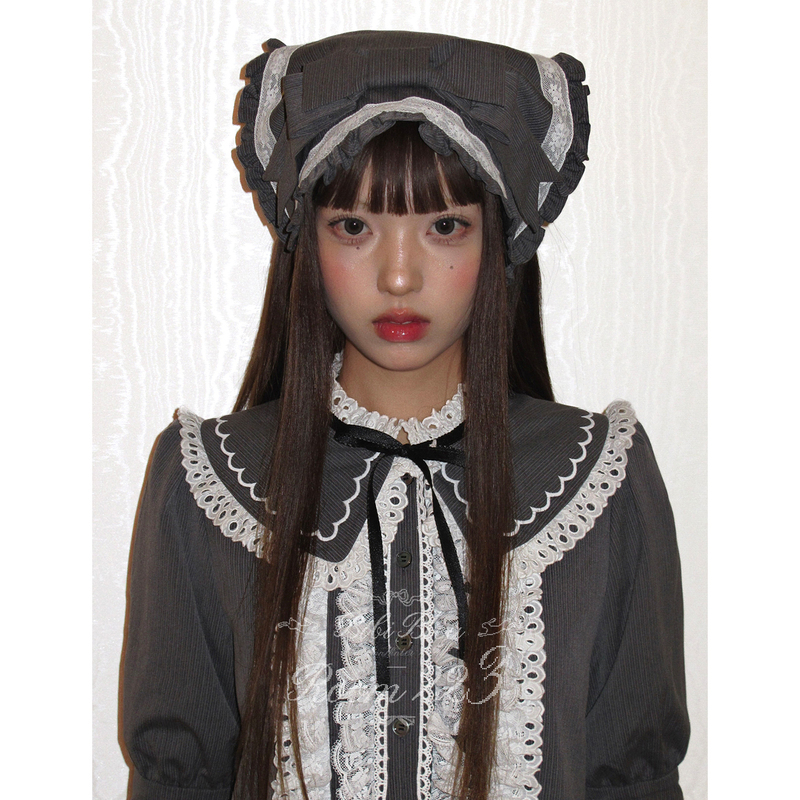 Bibi Bleu * Japanese-Style Gray Large Lapel Lace Trim Doll Collar Single-Breasted Vintage Girl's Dress