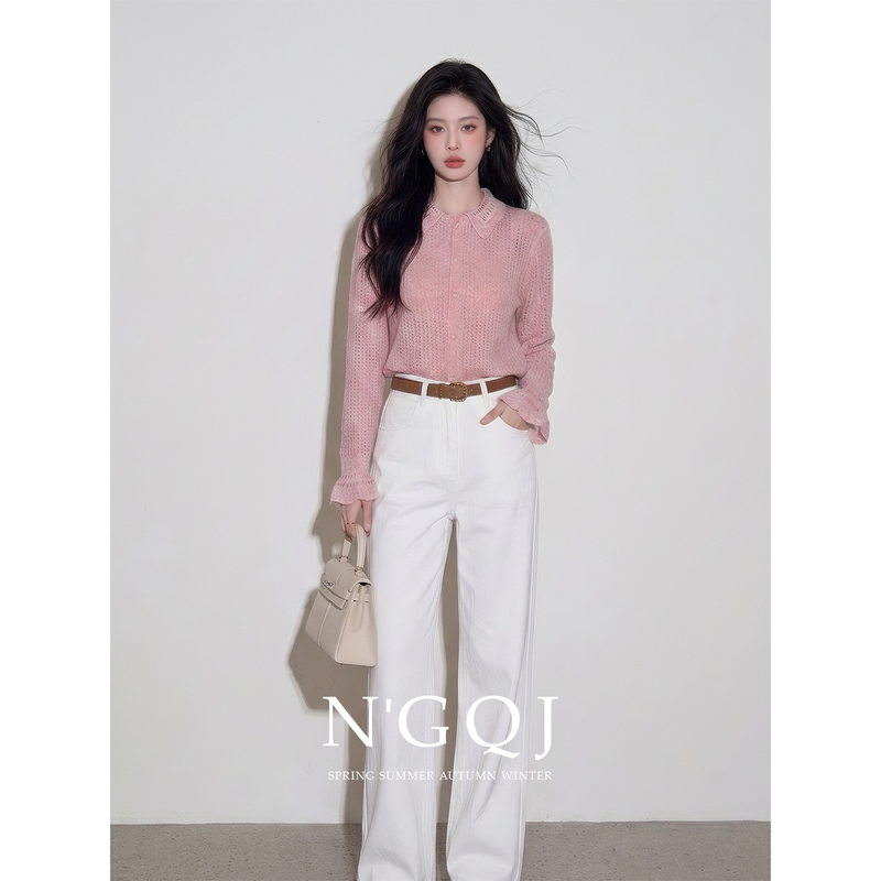 2026 New French Early Autumn Commuter Style Gentle and Simple Pink Knitted Cardigan Wide-Leg Pants Two-Piece Set for Women