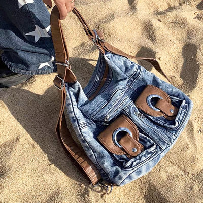 Asoodieo retro denim multi-pocket single-shoulder bag, women's large-capacity motorcycle bag, backpack, travel bag, American style