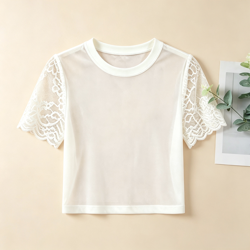 [Clearance Sale] 2026 Summer New Chinese Style Lace Mesh Short Sleeve Women's Short Round Neck Layered Base Shirt White
