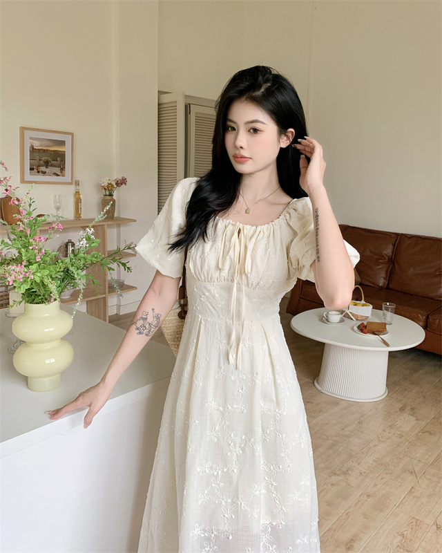 Plus Size French Embroidered Square-Neck Elegant Dress for Women, New Summer Style, Waist-Cinching Puff Sleeves, Over-The-Knee Long Dress