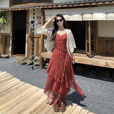 Plus-size chubby girl French vacation red checkered halter dress for women's summer new thin cardigan top set
