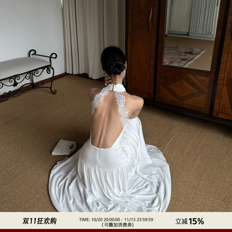 202Ventus French-Style White Halter Dress Birthday Party Engagement Light Dress Holiday Backless Long Dress 202Ventus French-Style White Halter Dress Birthday Party Engagement Light Dress Holiday Backless Long Dress