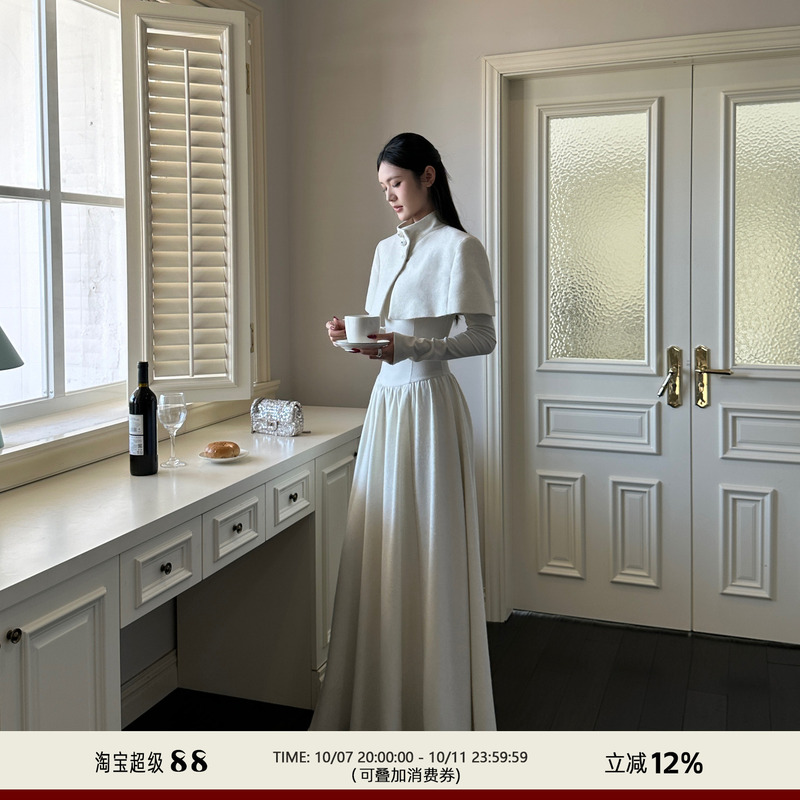 202Ventus Elegant White Cape Shawl Long Dress Birthday Evening Dress Slim Long-Sleeve Dress