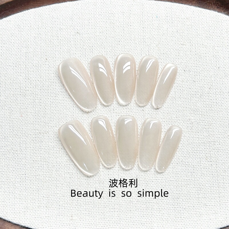 Pogli Solid Color Wearable Nails Champagne Cat Eye Handmade Manicure Fake Nail Patches Ice-Clear Gentle Elegant High-End Feel