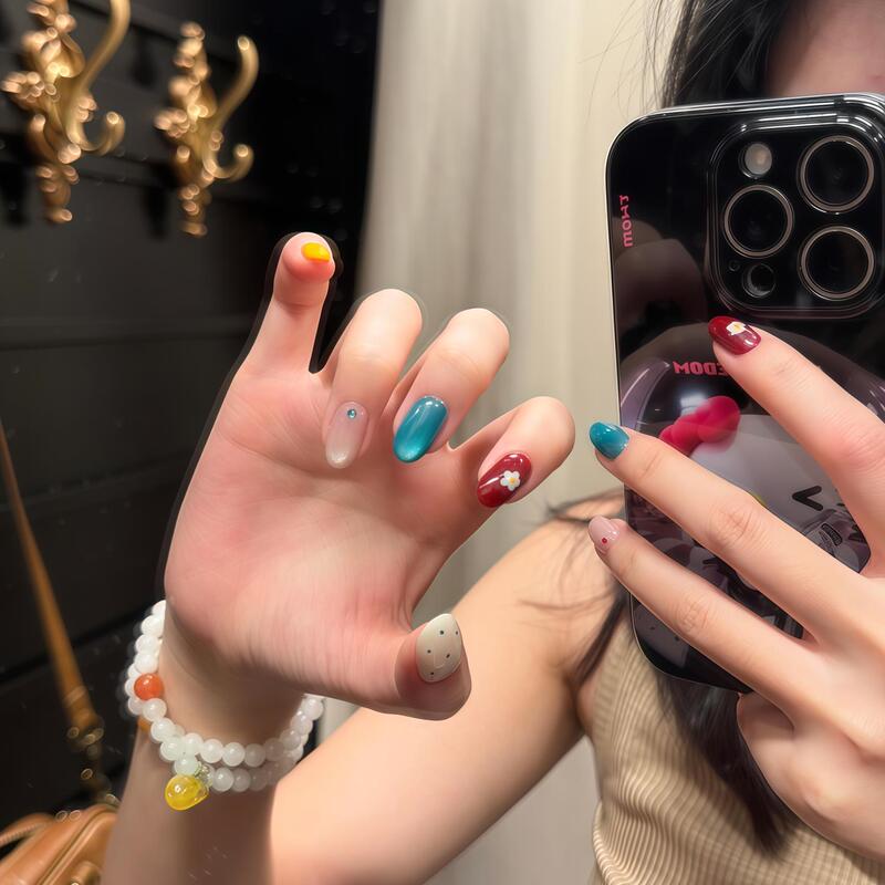 Purely Handmade Summer Hot-Selling Blue Lake Dopamine Colorful Polka Dot Wearable Nails, Short Oval, Brightening, Elegant Nail Tips
