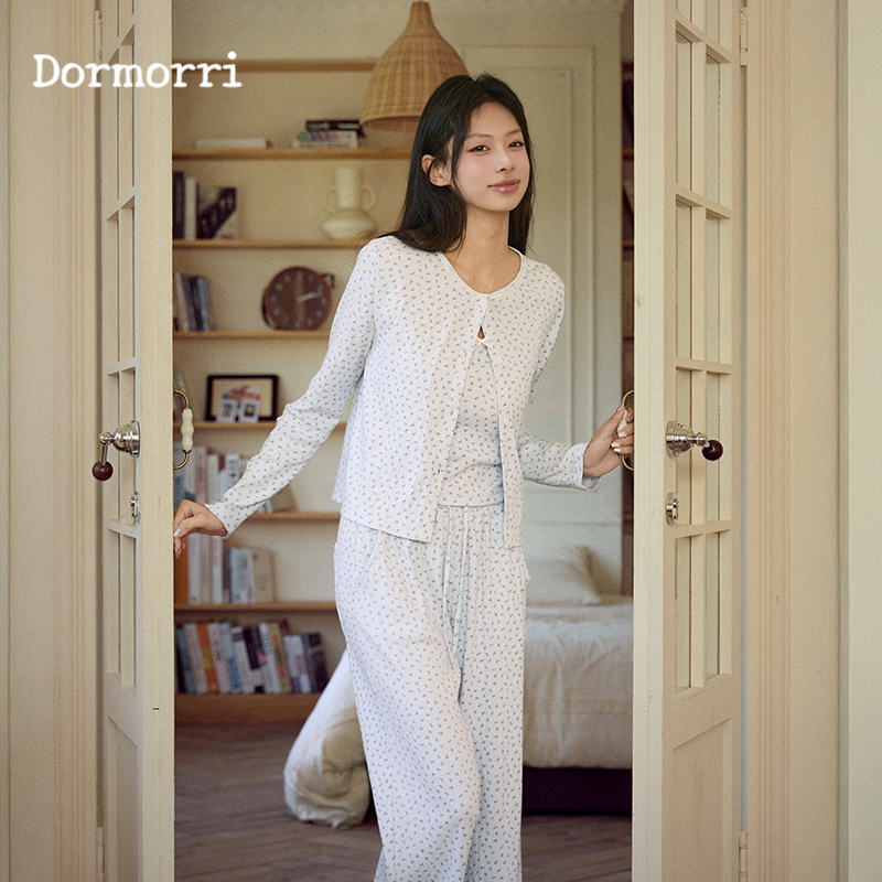 Tian Xiwai's Same Dormorri Three-Piece Floral Pajamas with Chest Pads, 100% Cotton, Can Be Worn Outside as Loungewear