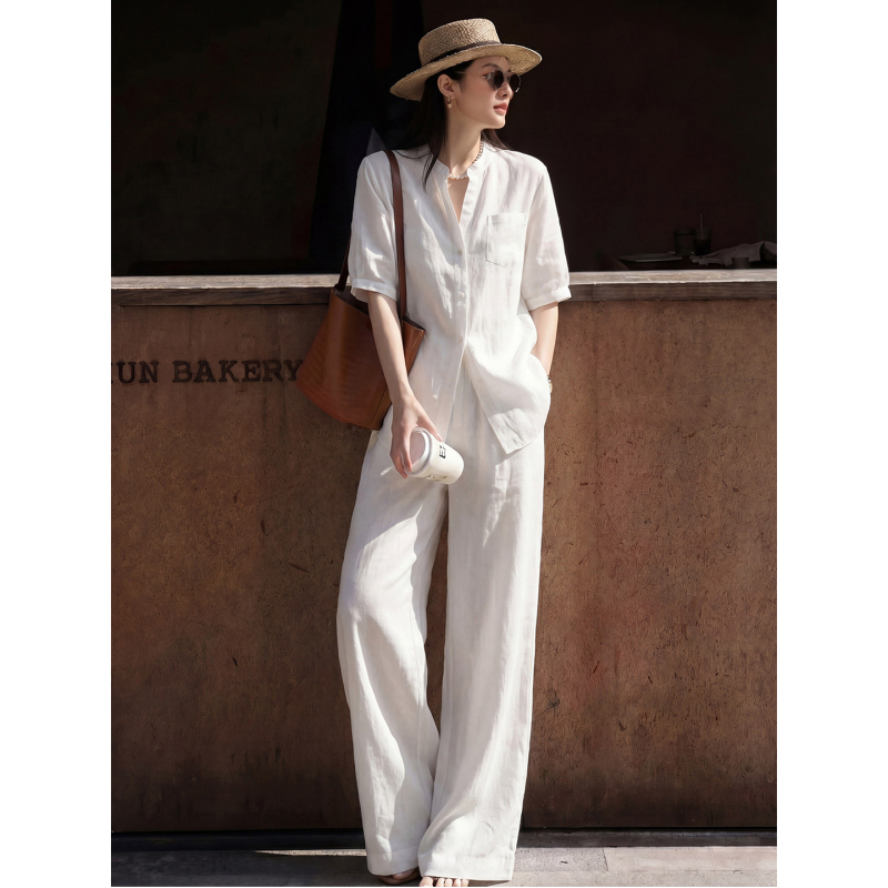 Old Money Style Outfit, High-End Cotton and Linen Suit for Women, Spring and Summer, Lazy Linen, Simple White Shirt, Short-Sleeved Set