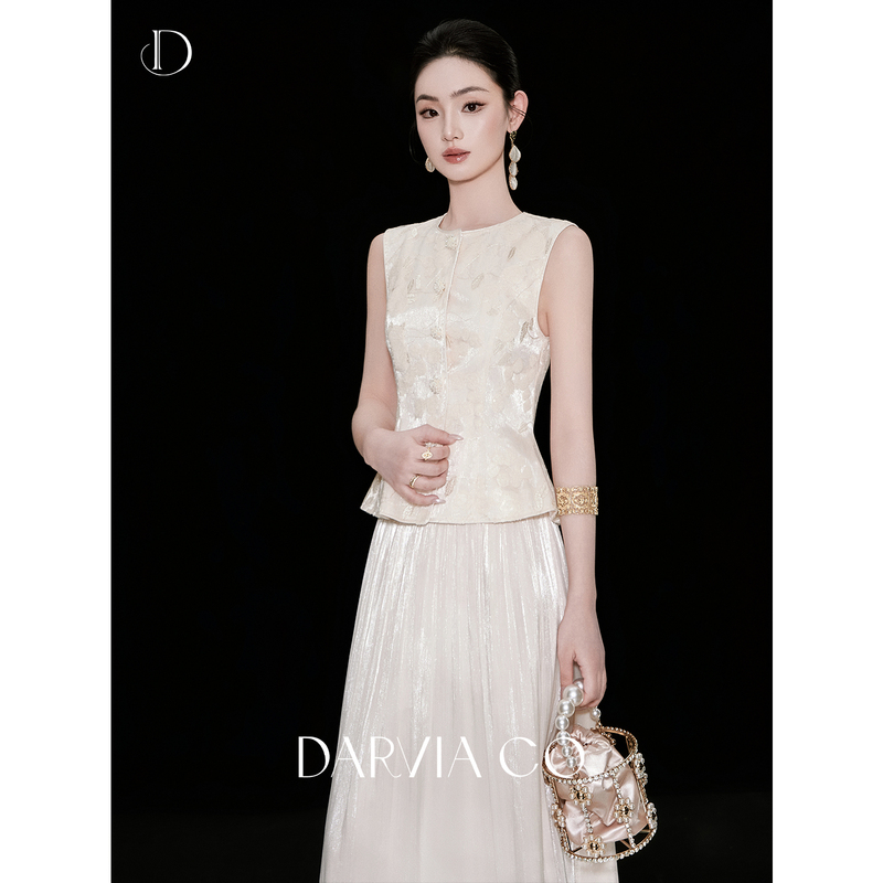 Darvia Co French-Style Light Luxury Sleeveless Round-Neck Sparkling Sequin Embroidered Design Waist-Cinching Vest