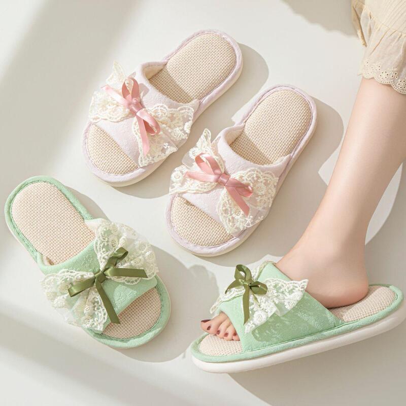 Amazon Lace Bow Linen Slippers Summer Home Indoor Slippers European and American Cotton and Linen Slippers for Women