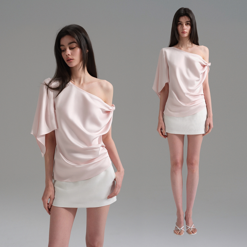 Winnin Jan Pink Flowing Satin Off-Shoulder Twisted Ribbon Top