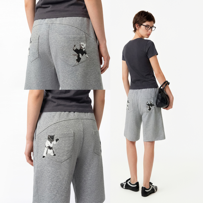 [Same Style as Zhang Yifan] Soft Lemon Lightweight Air Layer A-Line Shorts with Cute Pet Fighting Print Casual Pants