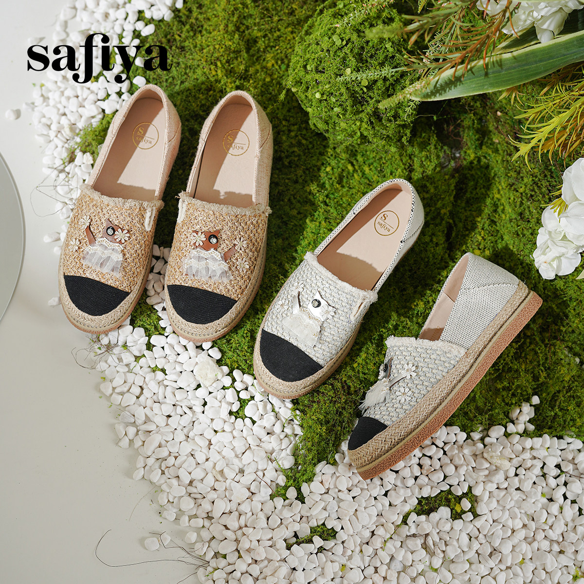 ソフィアの麦わら編み漁師靴、春の新作スタイル、ニッチな猫モチーフのスリッポンシューズ、万能フラットシューズ。
