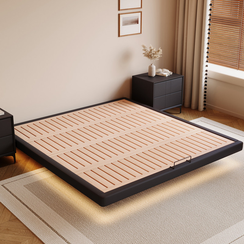Floating Bed Without Headboard, Slatted Frame, Small Apartment Bed, 1.8m Double Bed, Solid Wood Italian-Style Master Bedroom Bed Without Backrest