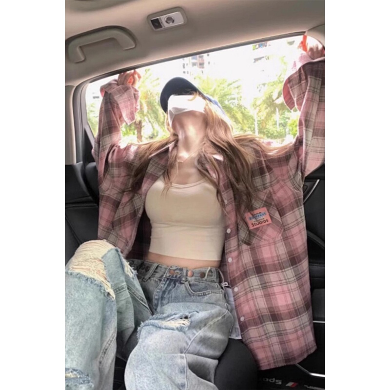 Uamtor Pink Plaid Sun Protection Shirt for Women, New Autumn American Retro Loose Thin Long-Sleeved Shirt Jacket Uamtor Pink Plaid Sun Protection Shirt for Women, New Autumn American Retro Loose Thin Long-Sleeved Shirt Jacket