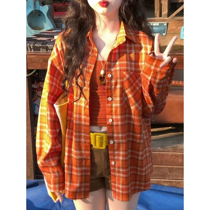 Uamtor Dopamine Bright Orange Plaid Shirt for Women, New Autumn Style, Loose Fit, Slimming, Lazy Style, Long-Sleeved Shirt Uamtor Dopamine Bright Orange Plaid Shirt for Women, New Autumn Style, Loose Fit, Slimming, Lazy Style, Long-Sleeved Shirt