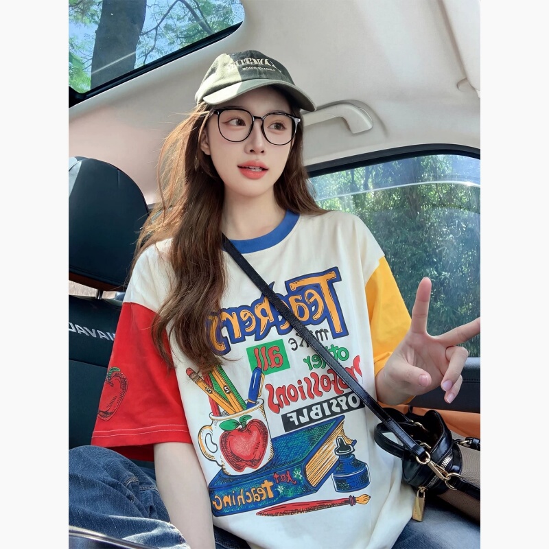 Korean Uamtor Colorful Patchwork Printed Short-Sleeve T-Shirt for Women, Summer Style, American Loose Fit Dopamine Outfit Top