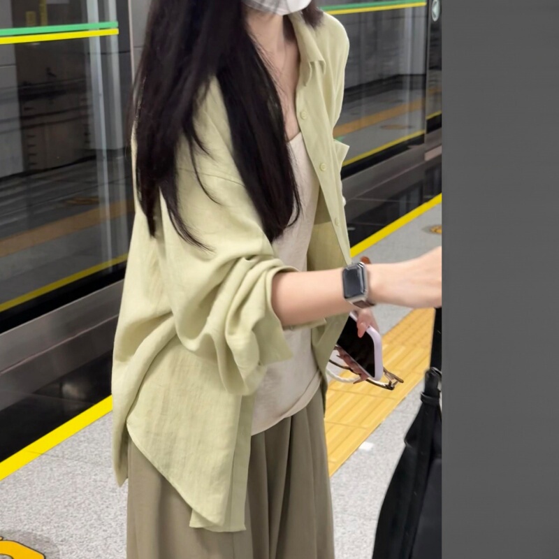 Korean Uamtor Green Casual Style Linen Shirt for Women, Summer Loose Fit Long-Sleeve Outerwear with a Turn-Down Collar Cardigan Top