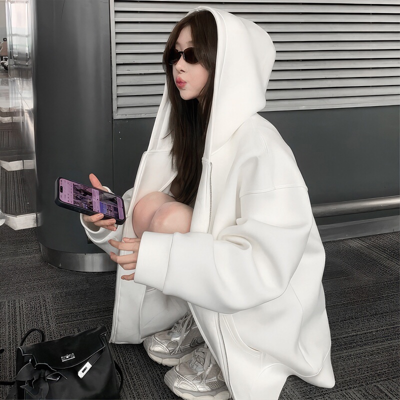 Uamtor Fleece-Lined White Hooded Sweatshirt Jacket for Women, New Autumn Thickened Zip-Up Cardigan, Casual Style Top Uamtor Fleece-Lined White Hooded Sweatshirt Jacket for Women, New Autumn Thickened Zip-Up Cardigan, Casual Style Top