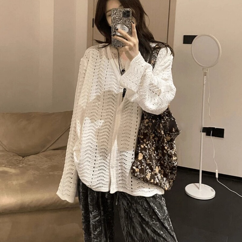Korean Uamtor Lazy Style Hollow-Out White Knit Cardigan for Women, Loose and Versatile Autumn Outerwear