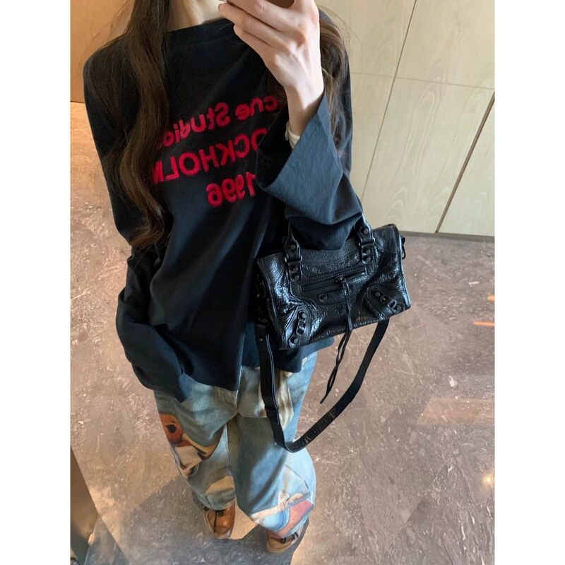Uamtor High Street Letter Print Long-Sleeve T-Shirt for Women, New Autumn Loose-Fitting Base Shirt, Round Neck Top, Trendy