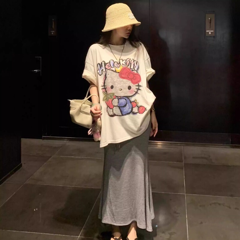 Korean Uamtor Hello Kitty Short-Sleeved T-Shirt for Women Spring and Summer Pure Cotton Cartoon Cute Round Neck Top Korean Uamtor Hello Kitty Short-Sleeved T-Shirt for Women Spring and Summer Pure Cotton Cartoon Cute Round Neck Top
