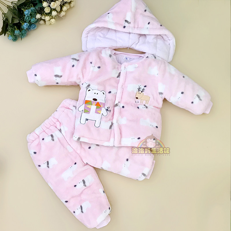 Special price Runbang female baby winter thickened baby clothes female baby rabbit velvet cotton suit can take off the hat to go out
