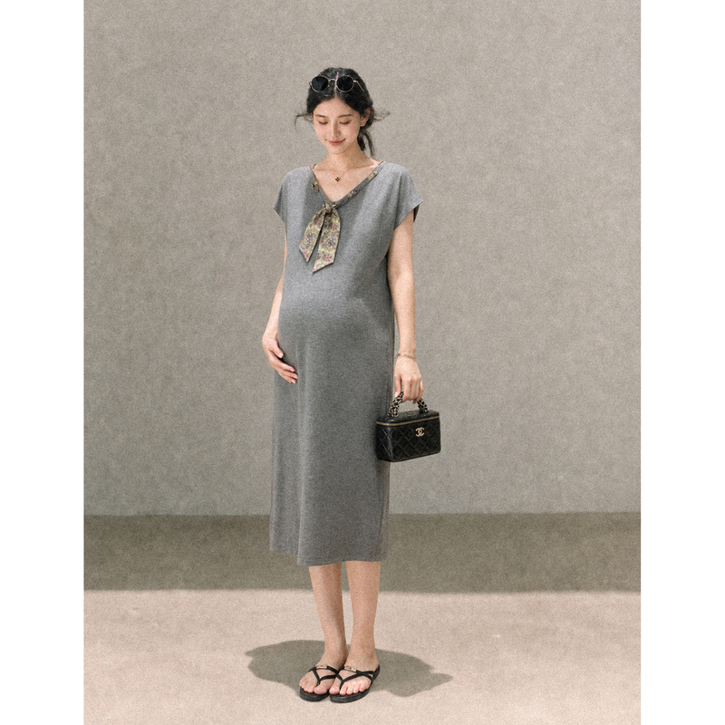 Cat Single [Intellectual Oxygen Bar] Maternity Dress Super Fashionable Summer New Arrival Simple and Elegant Slimming Ice Silk Long Dress