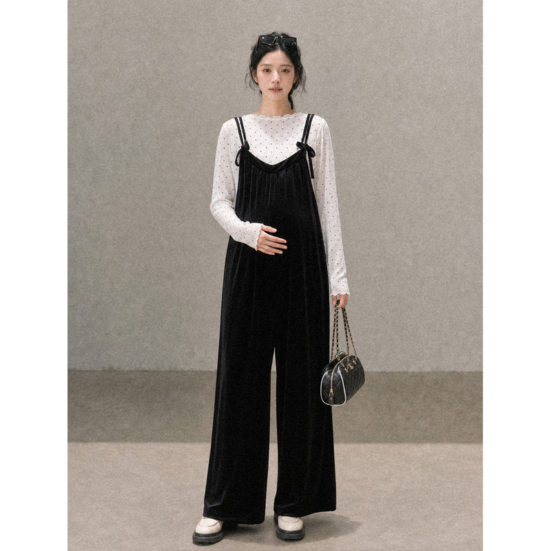 Cat-Themed [Velvet Polka Dot] [Wool] Maternity Wear Autumn New Arrival Long Sleeve Base Shirt Velvet Overalls