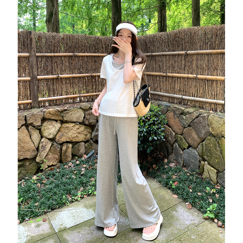 Cat-Themed Minimalist Gray Series [Cotton] Maternity Wear Summer New Style Fake Two-Piece Short-Sleeved Thin Casual Long Pants
