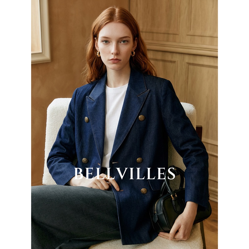 Bellvilles/Bella Villa French Retro Blue Denim Blazer for Women, Autumn Loose-Fitting Stylish Jacket