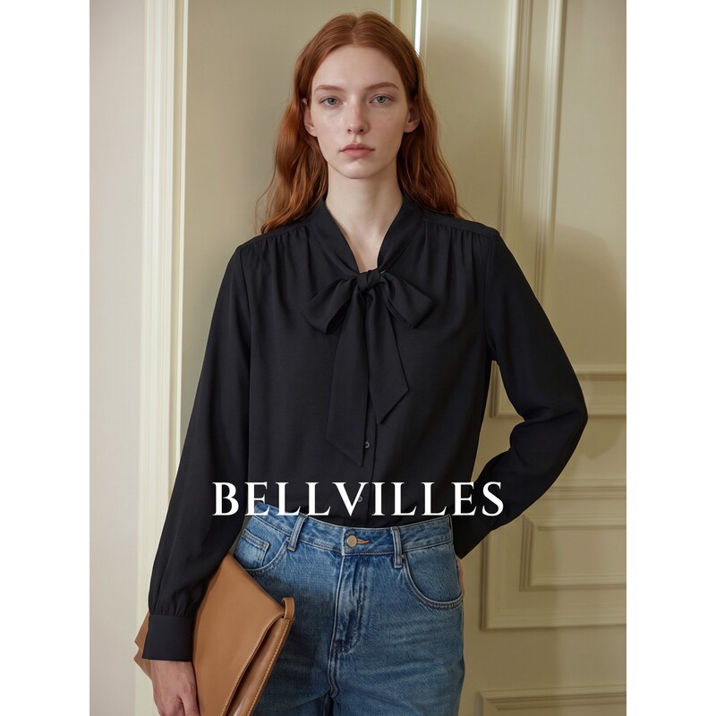 Bellvilles/Bella Villa French-Style Elegant Black Tie-Neck Shirt for Women, Loose Long-Sleeve Top for Commuting Bellvilles/Bella Villa French-Style Elegant Black Tie-Neck Shirt for Women, Loose Long-Sleeve Top for Commuting