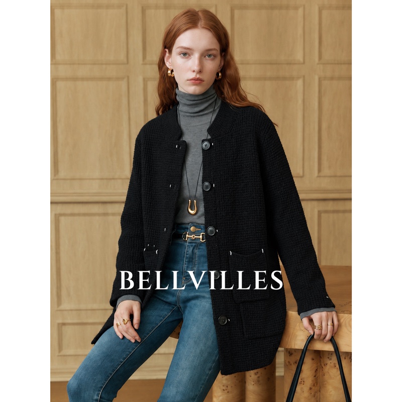 Bellvilles/Bella Villa French Retro Wool-Blend Black Crew Neck Knit Sweater Women's Autumn and Winter Coat