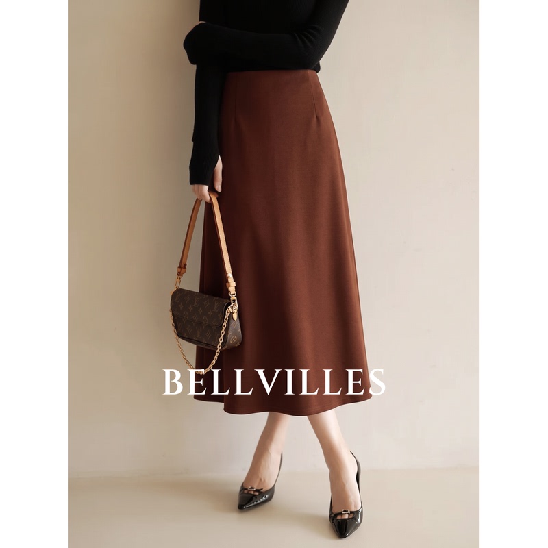 Bellvilles/Bella Villa French Elegant Red High-Waisted Skirt for Women, Autumn Wool Blend A-Line Midi Skirt
