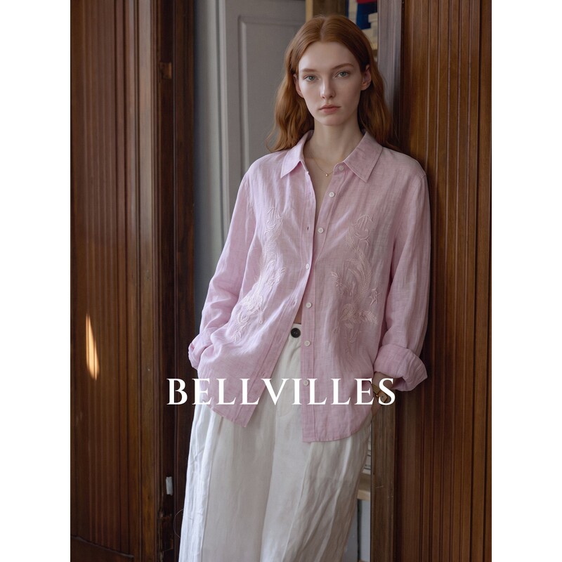 Bellvilles/Bella Villa French-Style Elegant Pink Embroidered Shirt for Women, Loose Long-Sleeved Collared Top for Autumn