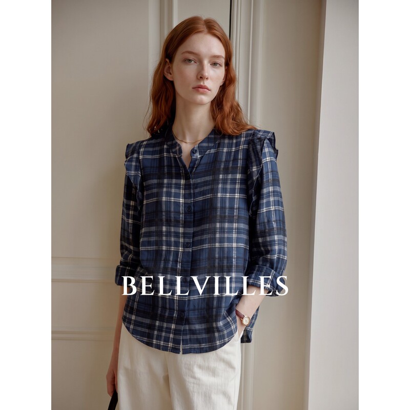 Bellvilles/Bella Villa French Retro Dark Blue Plaid Long-Sleeved Shirt for Women with a Stylish Stand-Up Collar Top Bellvilles/Bella Villa French Retro Dark Blue Plaid Long-Sleeved Shirt for Women with a Stylish Stand-Up Collar Top